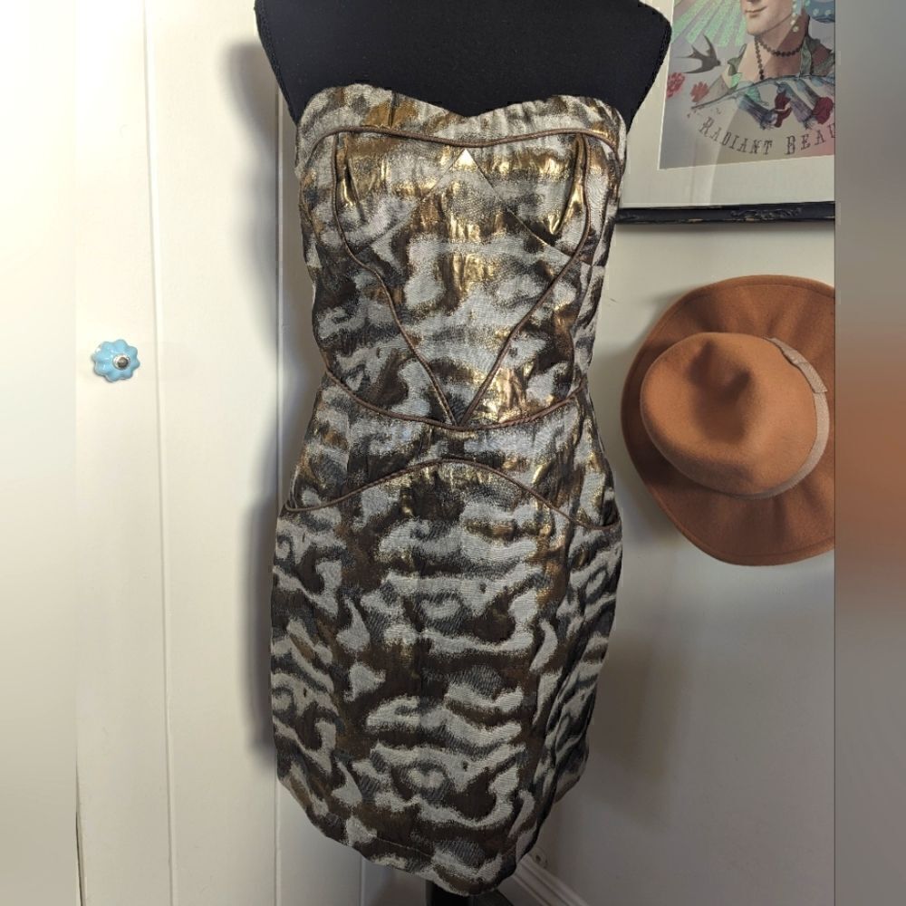 Anthropologie Greylin Bronze Metallic Whimsical Glam Party Cocktail Chic Dress M